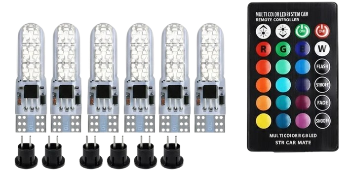 6-pack T10 RGB LED-lampor med hållare & fjärrkontroll